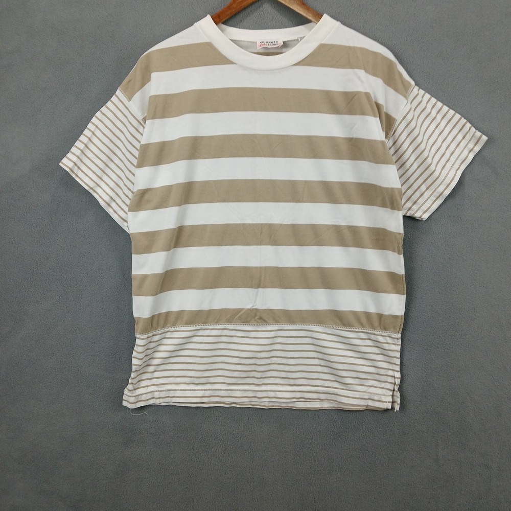 Simple Addition T-Shirt Mens Medium White Brown Striped‎ Casual Short Sleeve